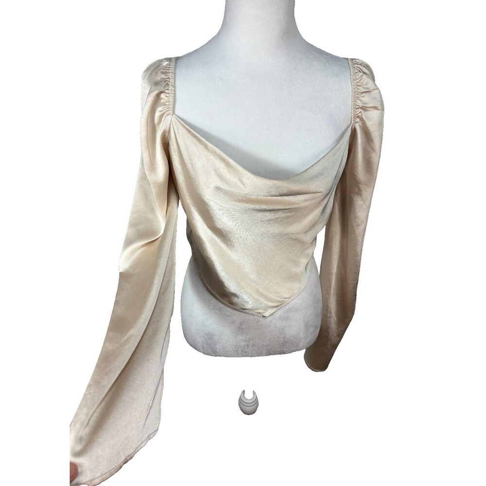 Satin Cowl Neck Top Flare‎ Sleeve Women's L Champagne Romantic Coquette Festival